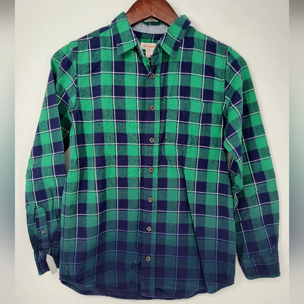 Cat & Jack Boys Green and Blue Checkered Flannel Shirt Size Large 12/14